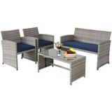 4 Pieces Patio Sets Outdoor Sectional Wicker Set Outdoor Conversation Set Patio Set Patio Loveseats with Coffee Table Porch Poolside Terrace and Yard (Grey-Dark Blue)