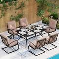 7 Piece Outdoor Patio Dining Set 6 Spring Motion Cushion Chairs 1 Rectangular Table with 1.57 Umbrella Hole Furniture Sets for Lawn Backyard Garden Red