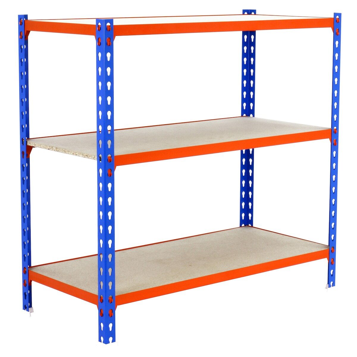 SimonRack Maderclick schraubenloses Metallregal 3 Böden. Farbe BLAU/ORANGE/HOLZ 900x1000x400 mm Image