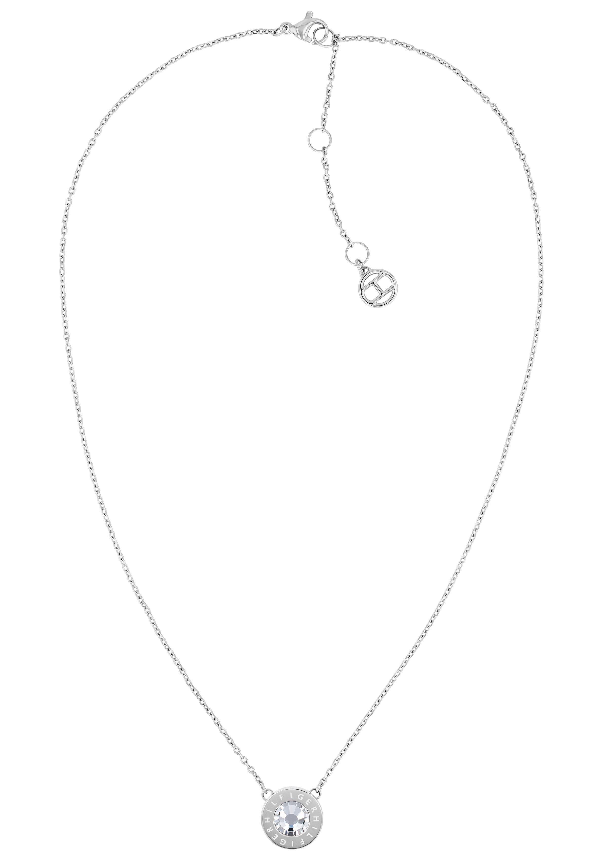 Kette mit Anhänger TOMMY HILFIGER "Schmuck Edelstahl Halsschmuck Ankerkette CASUAL", silber (edelstahlfarben, kristallweiß), Halsketten, Damen, Edelstahl, L: 46, mit Glasstein