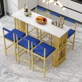 7-Piece Modern Counter Height Dining Bar Table Set with Open Shelves and 6 Upholstered Stools for Dining Room, Bar and Cafe