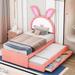 Twin Size Upholstered Platform Bed with Trundle, 3 Drawers, Rabbit-Shaped Headboard, LED Lights