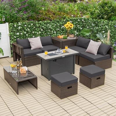 9 Pieces Outdoor Patio Furniture Set with 42 Inch Propane Fire Pit Table