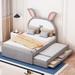 Kids Full Upholstered Bed with Trundle & 3 Drawers, Wooden Platform Frame with Embedded LED Lights, Rabbit-Shaped Headboard