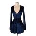 Lovers + Friends Cocktail Dress - Fit & Flare V-Neck Long sleeves: Blue Dresses - Women's Size X-Small