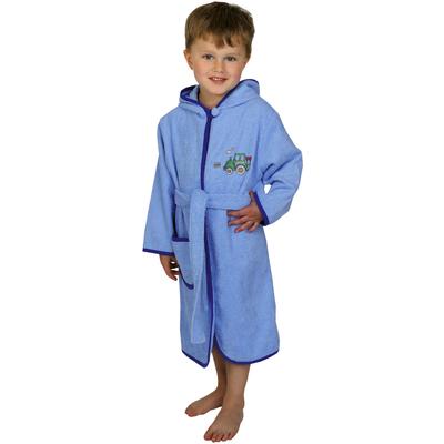 Kinderbademantel WÖRNER "Traktor hellblau" Gr. 86, blau (hellblau), L:60cm in Gr. 86/92, Baumwolle, Hausmäntel, mit Stickerei, mit Tasche, maschinenwaschbar, trocknergeeignet Image