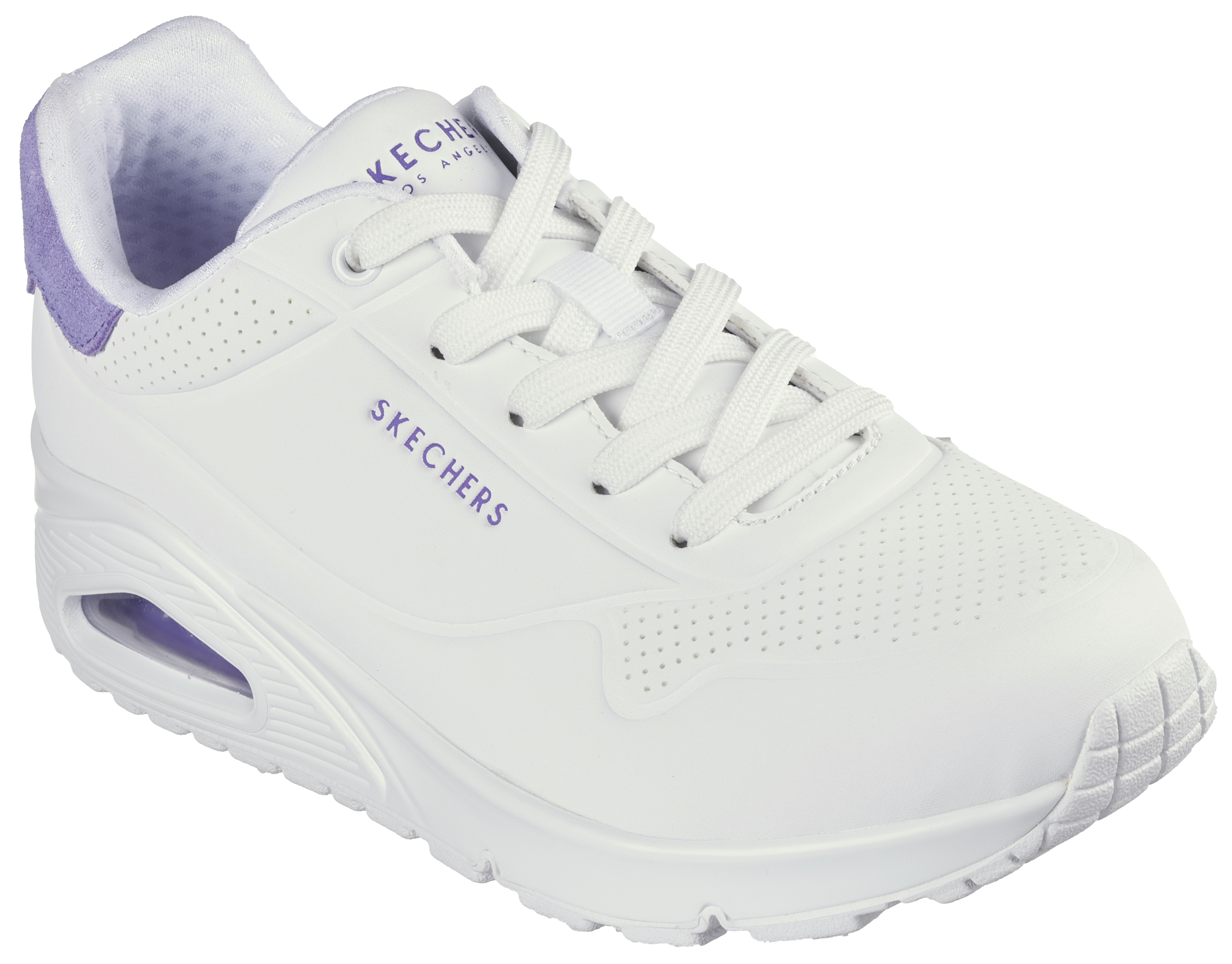 Sneaker SKECHERS "UNO - POP BACK", Damen, Gr. 39, bunt (weiß, violett), Lederimitat, Veloursleder, Schuhe Sneaker, Freizeitschuh, Halbschuh, Schnürschuh komfortabler Skech-Air Funktion