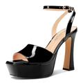 HEUIVZAR Womens Peep Open Square Toe Stiletto High Heel Ankle Strap Platform Sandals Prom Dress Shoes Patent Leather 12 CM Heels Black 7.5 UK