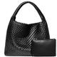 Woven Leather Tote Bag with Purse, Soft Woven Bag Leather Shoulder Women Weekender Bag Shopper Handbag Travel Shoulder Bag, Black, L