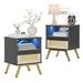 Boho Mid-Century Rattan LED Nightstand Set of 2,End Tables with 2 Drawers and Metal Legs