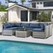 FHFO 7 Pieces Patio Furniture Set Wicker Outdoor Conversation Set Rattan Sectional Sofa Set w/Washable Cushions & Glass Coffee Table for Porch Poolside Backyard-Gray/Navy Blue