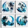 Moon Canvas Wall Art Abstract Palm Tree Castle Pictures Poster Moon Phases Wall Decor Navy Blue Mosque Decor Watercolor Moon Phase Painting Artwork for Bedroom Living Room Home Decorations 12x12 4Pcs