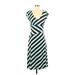 B. Darlin Casual Dress - Midi V-Neck Short sleeves: Teal Stripes Dresses - Women's Size Small