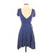 Kimchi Blue Casual Dress - Wrap Plunge Short sleeves: Blue Print Dresses - Women's Size X-Small