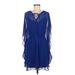 Express Casual Dress - Mini V-Neck 3/4 sleeves: Blue Print Dresses - Women's Size Medium