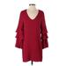 Charles Henry Casual Dress - Shift Plunge 3/4 sleeves: Burgundy Print Dresses - Women's Size X-Small