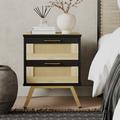 Mercer41 Waleed Wicker/Rattan Nightstand w/ 2 Storage Drawers Wood in Black/Brown | 19.76 H x 15.75 W x 15.75 D in | Wayfair