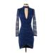 Bebe Cocktail Dress - Bodycon Plunge Long sleeves: Blue Print Dresses - Women's Size X-Small