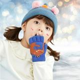 Dyfzdhu Convertible Flip Top Gloves Winter Wool Cashmere Dinosaur Half Finger Gloves With Mitten Cover For Toddler Kids Girls Boys Blue