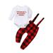 Peyakidsaa Cute Baby Christmas Outfit Romper with Letter Print and Plaid Bib Pant