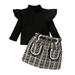 DeHolifer Kids Toddler Baby Girl Fall Winter Outfit Long Sleeve Knitted Pullover Top Plaid Skirt with Belt Set 2pcs Clothes Black for 1-5 Years