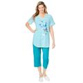 Plus Size Women's Two-Piece V-Neck Tunic & Capri Set by Woman Within in Pretty Turquoise Stripe Butterfly (Size 4X)