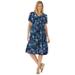Plus Size Women's Woven Button Front Crinkle Dress by Woman Within in Navy Painterly Bouquet (Size 3X)