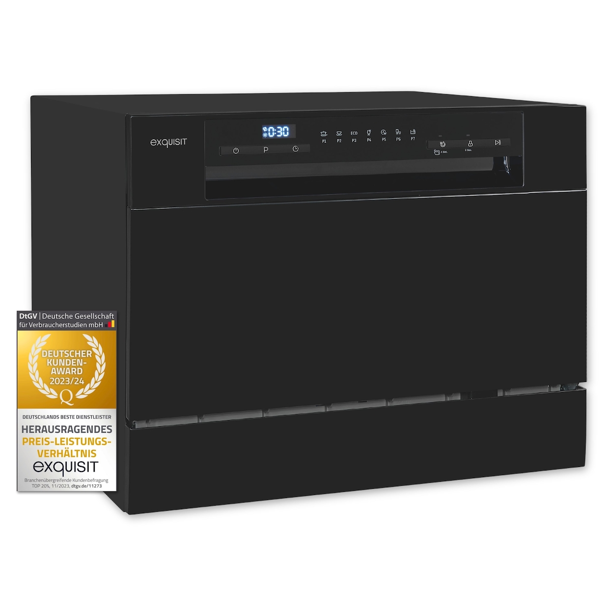 Exquisit Geschirrspüler GSP206-030D schwarz | Spülmaschine 55 cm | Maßgedecke: 6 Restlaufzeiten Anzeige | Standgerät Image