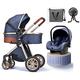 2 in 1 Luxury Stroller Foldable Baby Stroller Travel System with Car Seat Easy Fold Stroller Footmuff Blanket Cooling Pad Rain Cover Backpack Mosquito Net (Color : Black) (Blue)