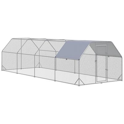 PawHut Large Chicken Coop Metal Chicken Run with Waterproof and Anti-UV Cover, Flat Shaped Walk in Fence Cage Hen House