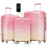 Luggage Set of 3, ABS Hard Shell Luggage w/ Spinner Wheels, USB Port and Hooks For Hanging Carry-on Luggage with Cup Holder