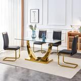 1 table with 4 black chairs. Glass dining table. gold-plated metal irregular bracket. Used in kitchens, dining rooms