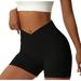 YDKZYMD Plus Size Shorts for Women Crossover V Cross Ribbed Scrunch Butt Lifting Short Running Compression Seamless Stretchy Leggings Yoga Booty High Waist Biker Sport Shorts Black M