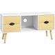 Meuble tv style scandinave 4 tiroirs coulissants niche passe-fils piètement bois pin blanc aspect