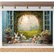 Easter Bunny Photography Backdrop Fabric Spring Window Scene Greenery Background Birthday Party Decoration Banner Studio Props8x6FT
