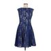 Danny And Nicole Casual Dress - A-Line High Neck Sleeveless: Blue Print Dresses - Women's Size 6
