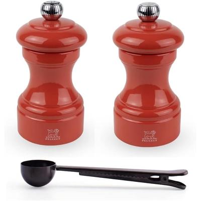 Peugeot Bistro Manual Salt & Pepper Mill Gift Set, Gloss Painted Wood, 10 cm - 4″- With Stainless Steel Spice Scoop/Bag Clip