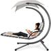 Outdoor Hanging Curved Steel Chaise Lounge Chair Swing w/Built-in Pillow and Removable Canopy - White Sand