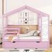 Full Kids Platform Bed Wood Slat Support House Bed Frame with Side Writing Board & Trundle No Box Spring Needed - Pink