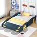Full Size Platform Bed Frame Wood Slat Bedroom Floor Bed Race Car-Shaped Curve-Design for Children Chasing Dreams - Dark Blue