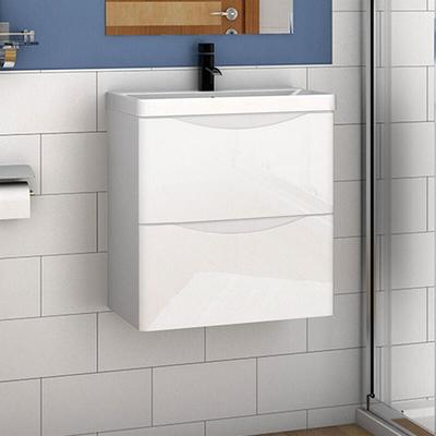 Waschtisch mit Unterschrank Waschbeckenunterschrank Badmöbel 50cm Hochglanz Weiß mit Waschbecken Image