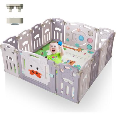 SWANEW Laufstall für Babys Laufgitter 14 Paneele, 150x150x60cm, Faltbar, Grau und Weiß, mit Tür und Image