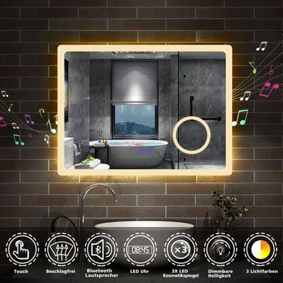 LED Badspiegel Wandspiegel Badezimmerspiegel Touch Beschlagfrei+Uhr+Bluetooth+Kosmetikspiegel+3