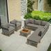 9Pcs Outdoor Patio Garden Wicker Sofa Set Gray PE Rattan Wood Legs Acacia Wood Tabletop Armrest Chairs W/Beige/Grey Cushions