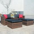 5 Pieces Outdoor Patio Garden Brown Wicker Sectional Conversation Sofa Set with Black Cushions and Red Pillows w/ Furniture Protection Cover
