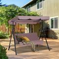 Outdoor Patio Swing Chair w/Textilene Breathable 3-Person Armrest Seat Canopy Porch Swing w/Adjustable Shading Heavy-Duty Powder-Coated Swing Sets for Backyard Poolside Balcony(Brown)