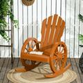 Outdoor Lounge Rocking Chair with Wagon Wheel Shaped Armrests Rustic Style Wooden Rocker with Wide Seat for Garden Country Yard Teak