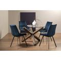 Bentley Designs Turin Glass 4 Seater Round Dining Table Dark Oak Legs with 4 Fontana Blue Velvet Chairs