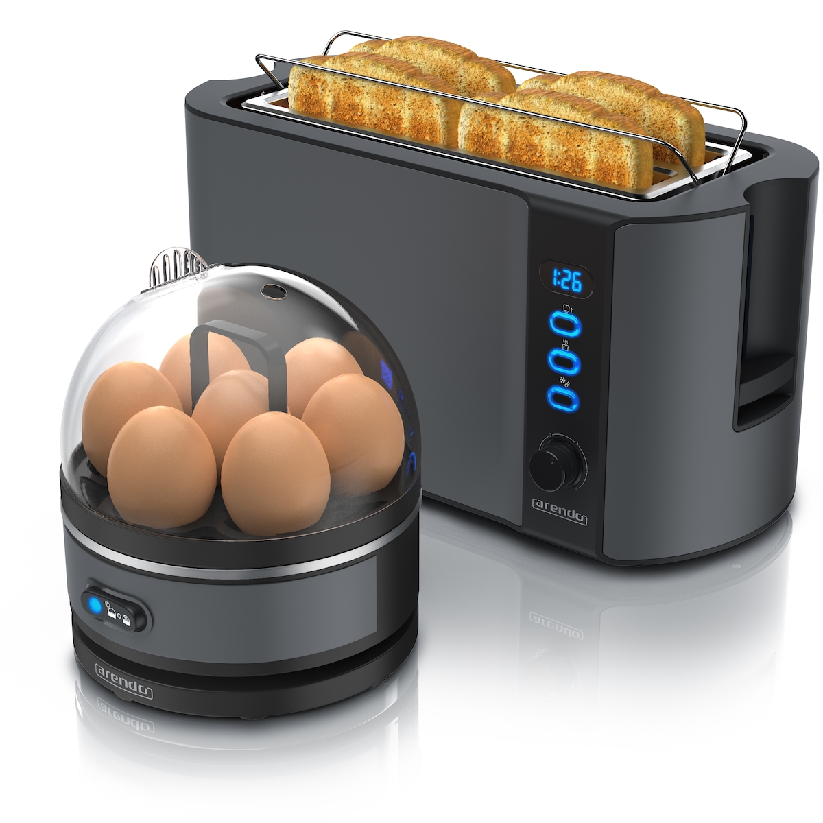 Arendo - SET Toaster FRUKOST mit Eierkocher SEVENCOOK Edelstahl Grau, Toaster 4 Scheiben, LED-Display, 6 Bräunungsgrade, Brötchenhalter - Eierkocher Image