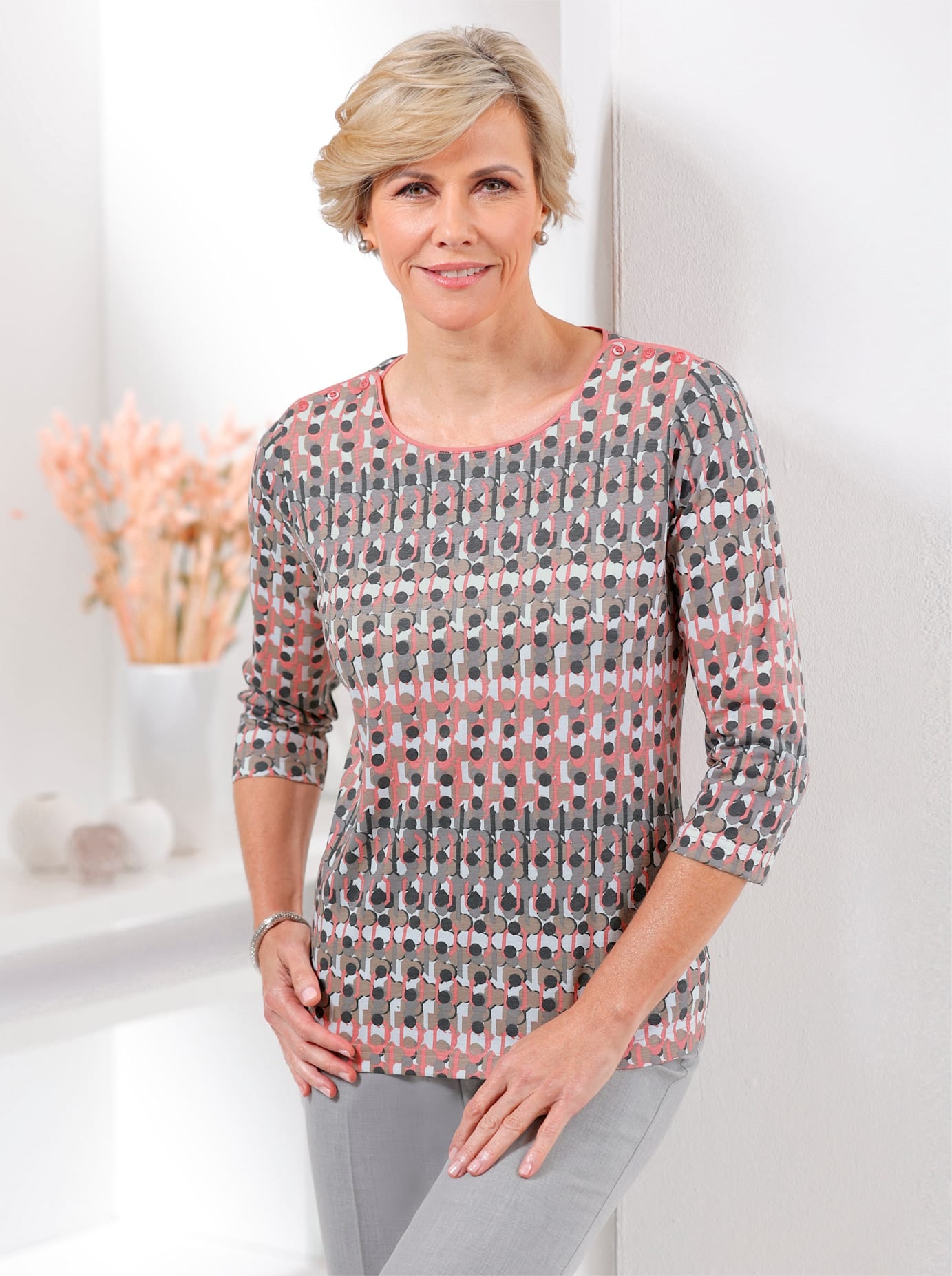 Rundhalsshirt CLASSIC "Shirt", Damen, Gr. 38, rosa (flamingo, grau, bedruckt), 50% Baumwolle, 50% Modal, gemustert, mehrfarbig, Rundhals, Shirts Rundhalsshirt